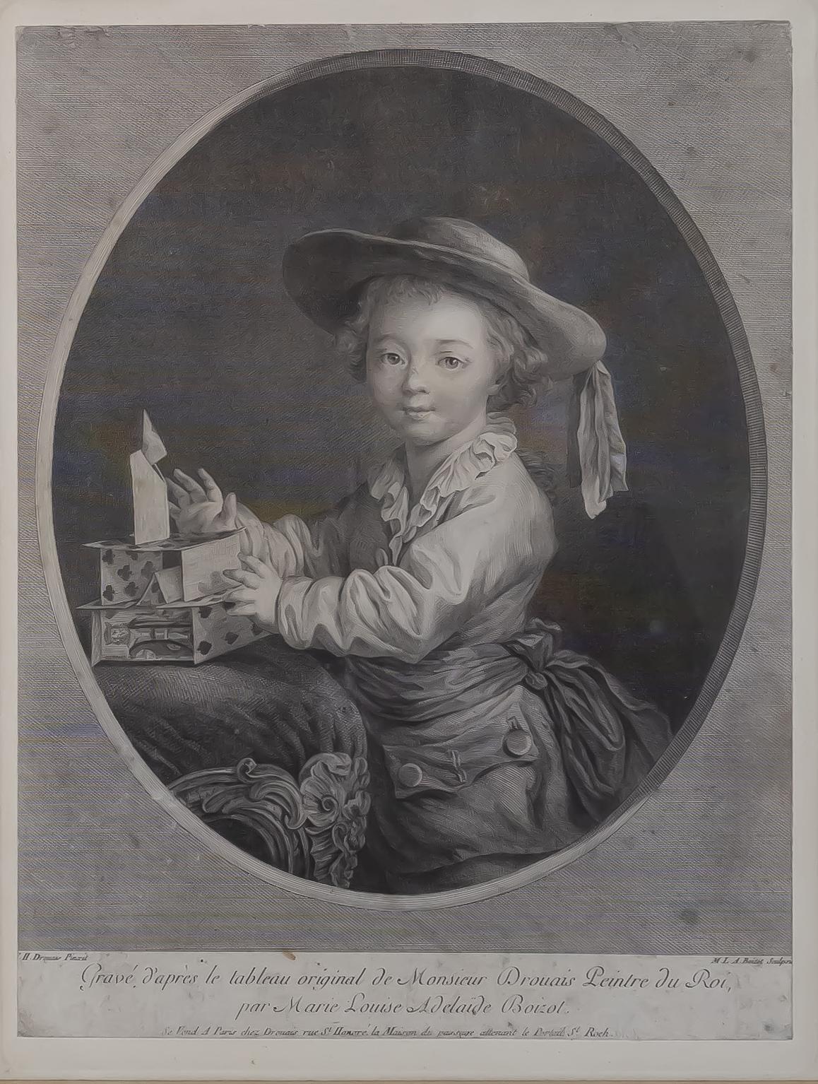 François-hubert Drouais Engraving « Little Boy Playing Cards » 18th Century 1