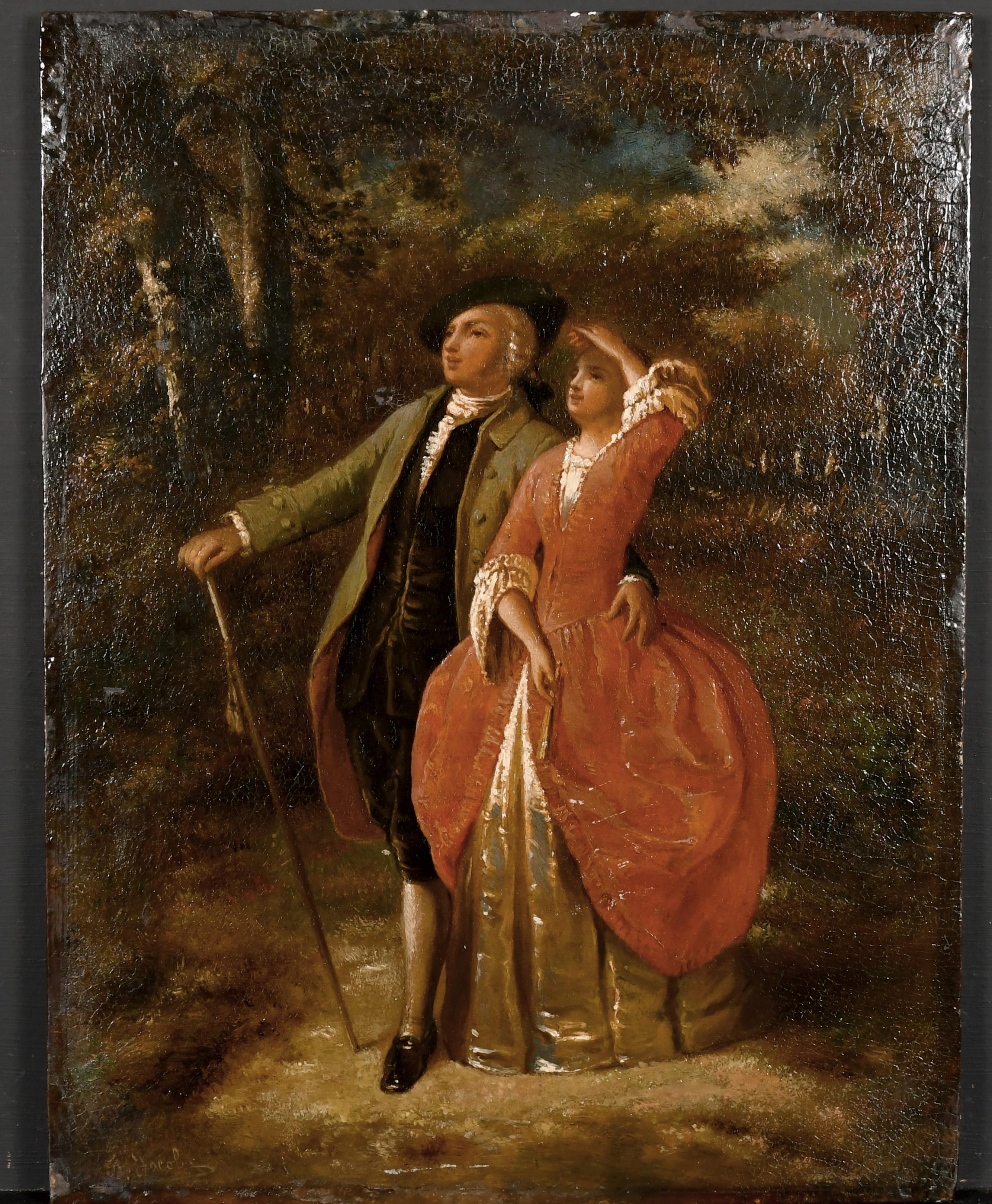 Fine 19th Century French Signed Oil Elegant Couple Admiring View Woodland Glade - Painting by Francois Jacobs (1832-1887) 