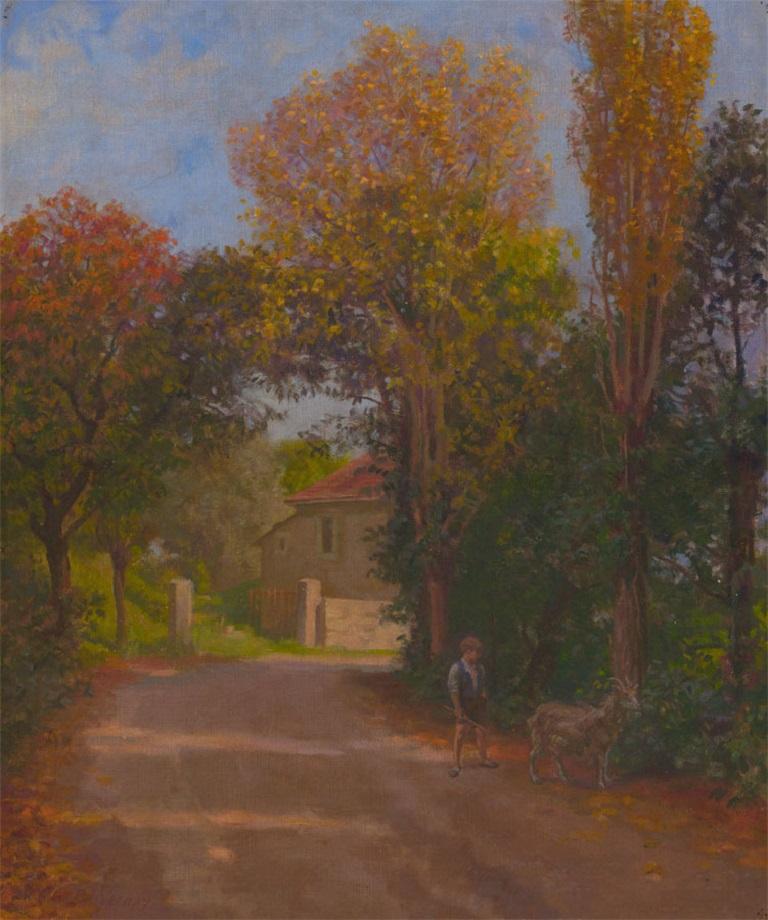 An impressive 20th Century oil painting by Swiss artist Francois Joseph Vernay. This piece depicts a rural French street scene with a boy herding a goat. Typical of Vernay's oeuvre this artwork conjures the nostalgic beauty of the French