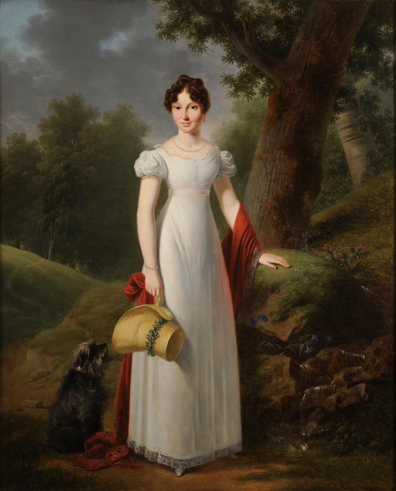 François-Joseph Kinson - Young woman portrait with her dog - Painting by Francois Kinsoen (Kinson)