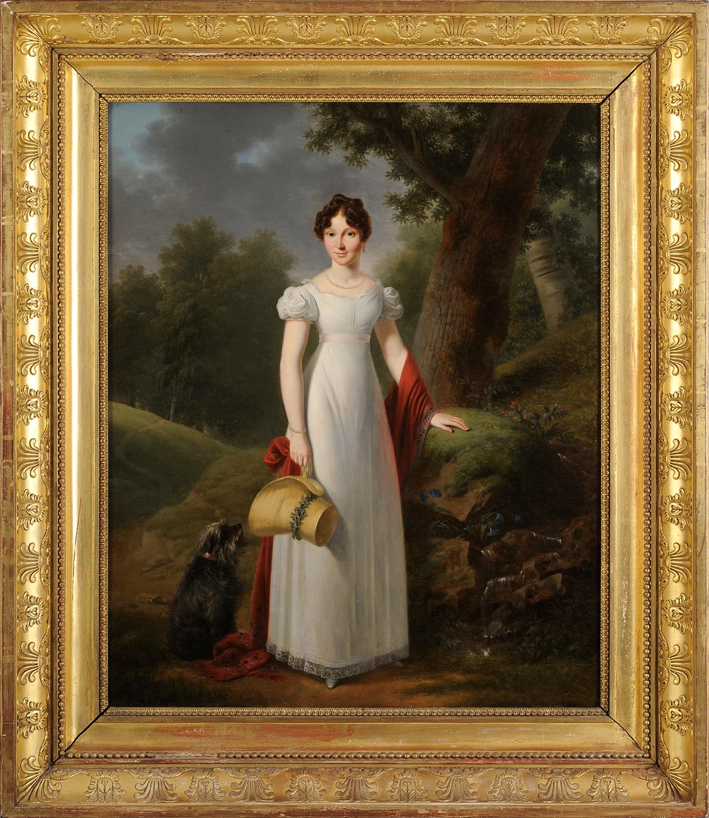 Francois Kinsoen (Kinson) Figurative Painting - François-Joseph Kinson - Young woman portrait with her dog