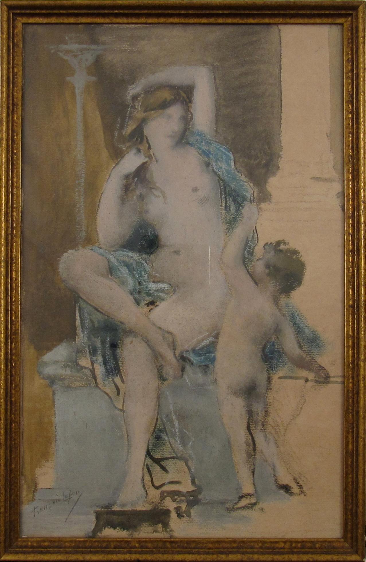 François Lafon
(French, 1846-c.1920)

Draped nude Woman seated between Pillars with young Child

•	Oil sketch on paper
•	Visible image, ca. 35 x 22 cm
•	Glased Frame, ca. 38 x 25 cm

Worldwide shipping for this object is complimentary - There are no