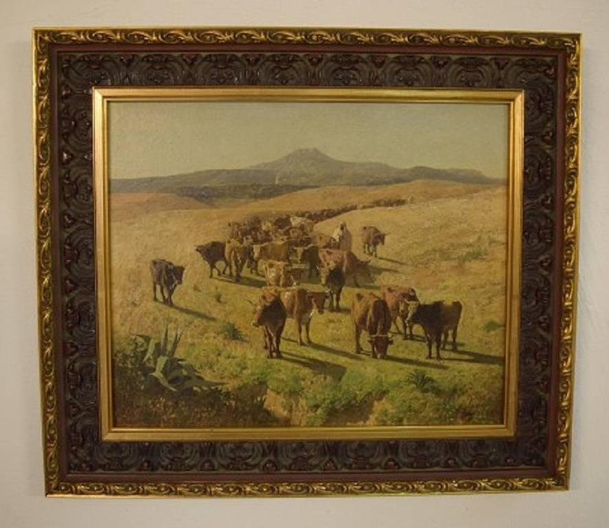 François Lauret (1820-1868), French artist, oil on wood, 'Algerian Herdsmen'.
Signed at the bottom right, 1862.
With note on the back, dated: 25.05.1887.
In very good condition.
Image dimensions approximate: 44 x 51 cm.
Frame dimensions
