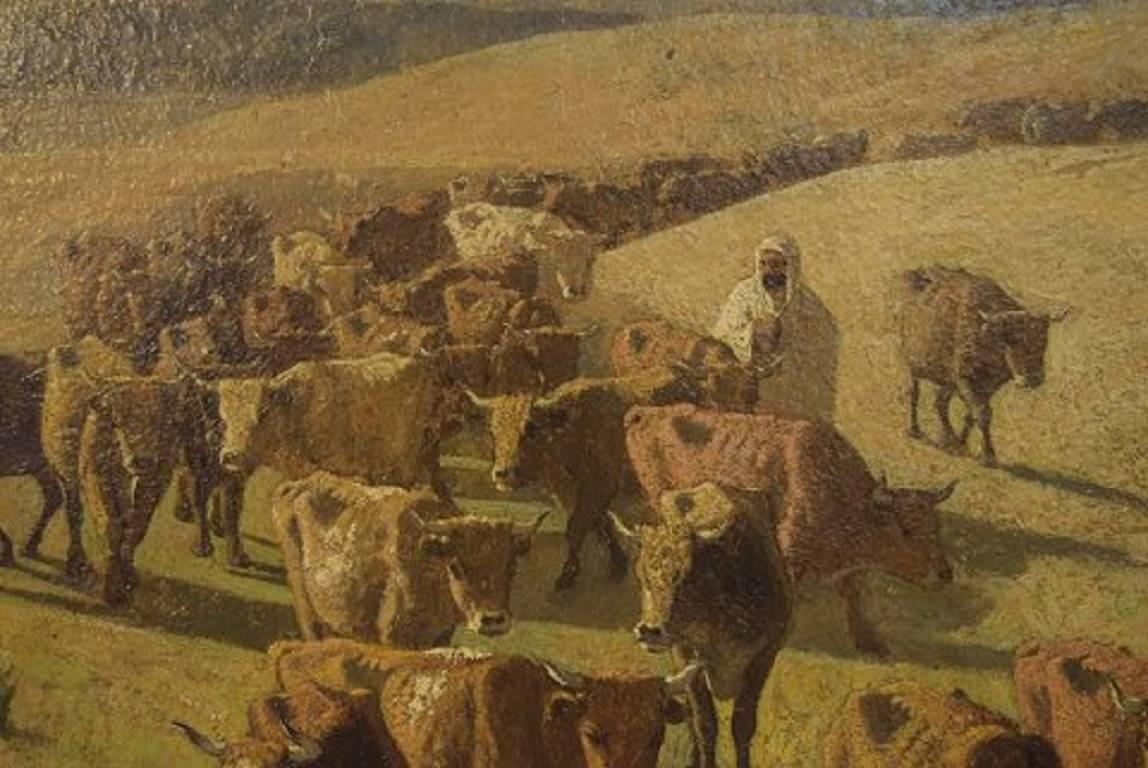 Français François Lauret, Artistics, Huile sur Wood Wood, 'Algerian Herdsmen' (bergers algériens) en vente