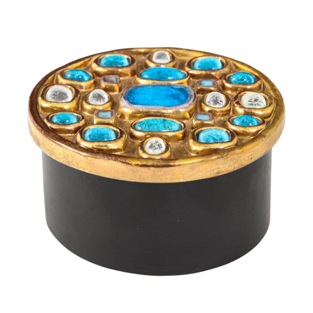 Mithé Espelt box, ceramic, jeweled, gold, turquoise. Petite gold crackle glazed lidded box with embedded fused glass jewels. The base of the box is wood, stained in black.