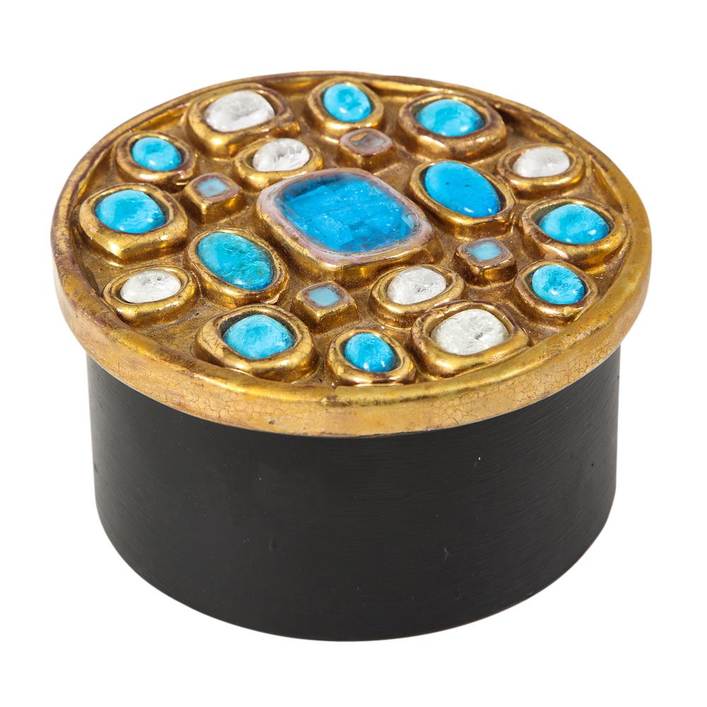 Glazed Mithé Espelt Box, Ceramic, Jeweled, Gold and Turquoise