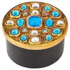 Retro Mithé Espelt Box, Ceramic, Jeweled, Gold and Turquoise