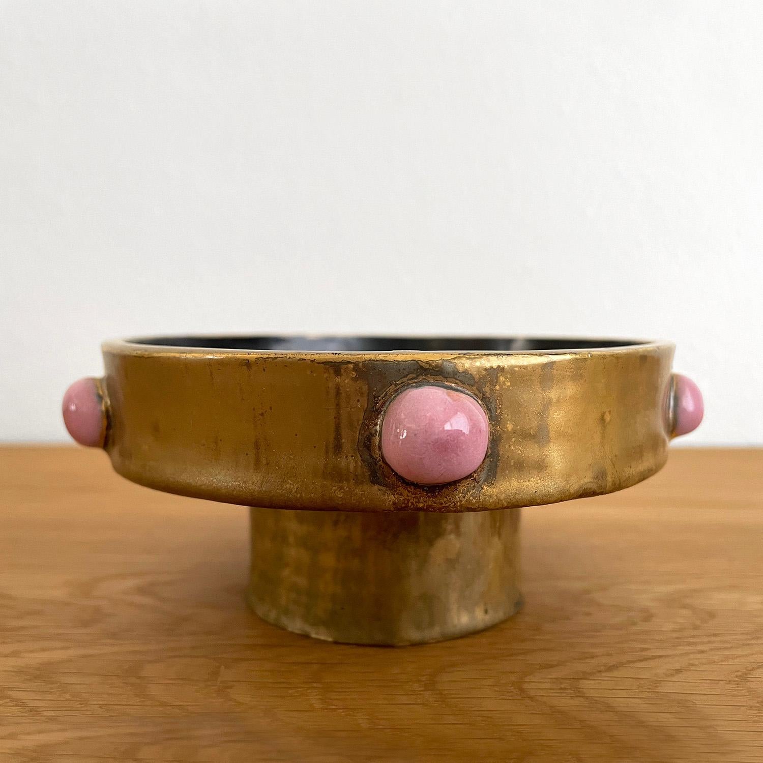 Francois Lembo ashtray or catch all 
France, circa 1960’s
Organic composition and feel 
Rich gold color with delicate pink enamel cabochon detail 
Wonderful patina
Can be used as a catch all or ashtray.