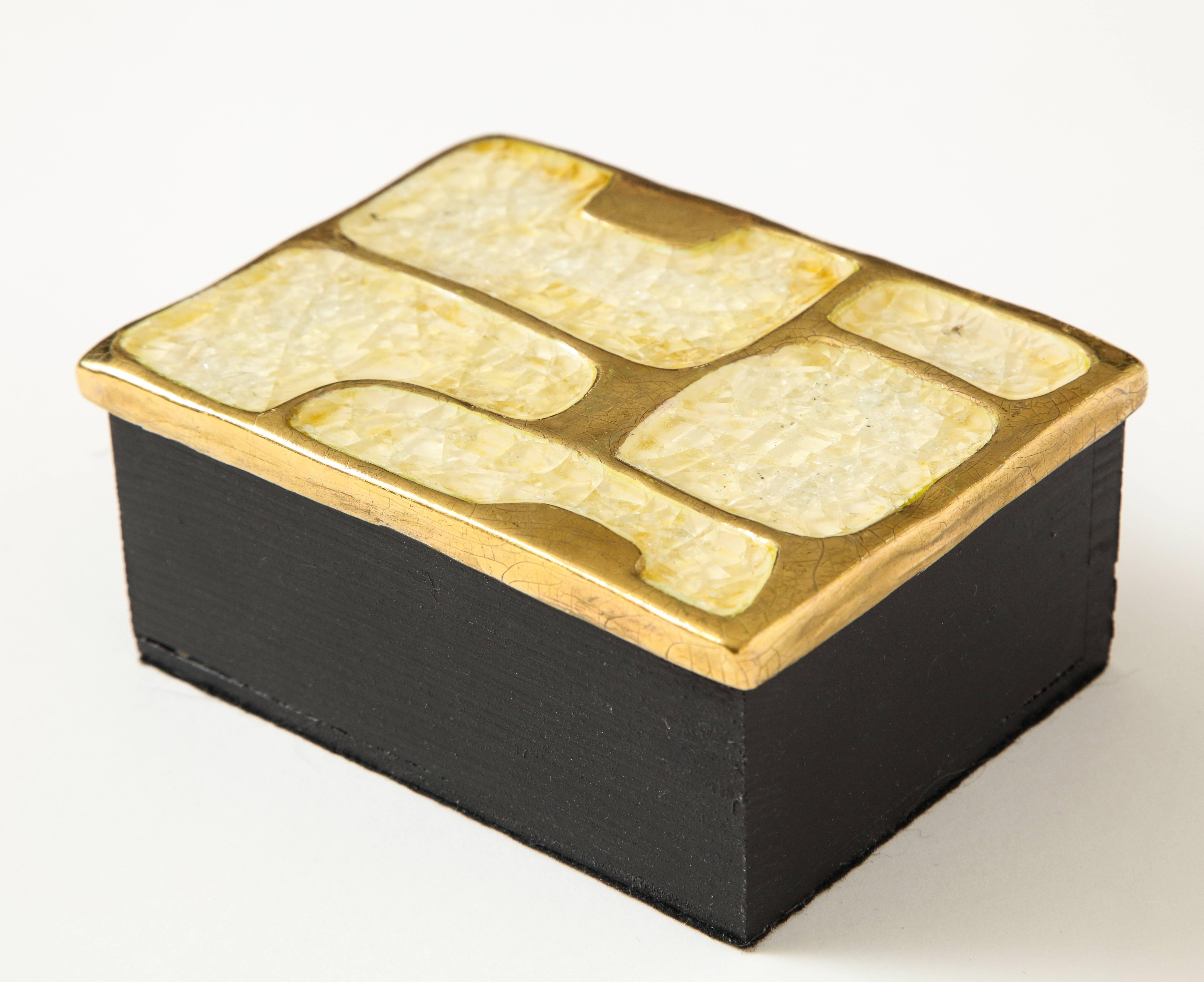 Mid-Century Modern Mithé Espelt Ceramic Gold Enamel Mirror and Box, France, 1960s For Sale
