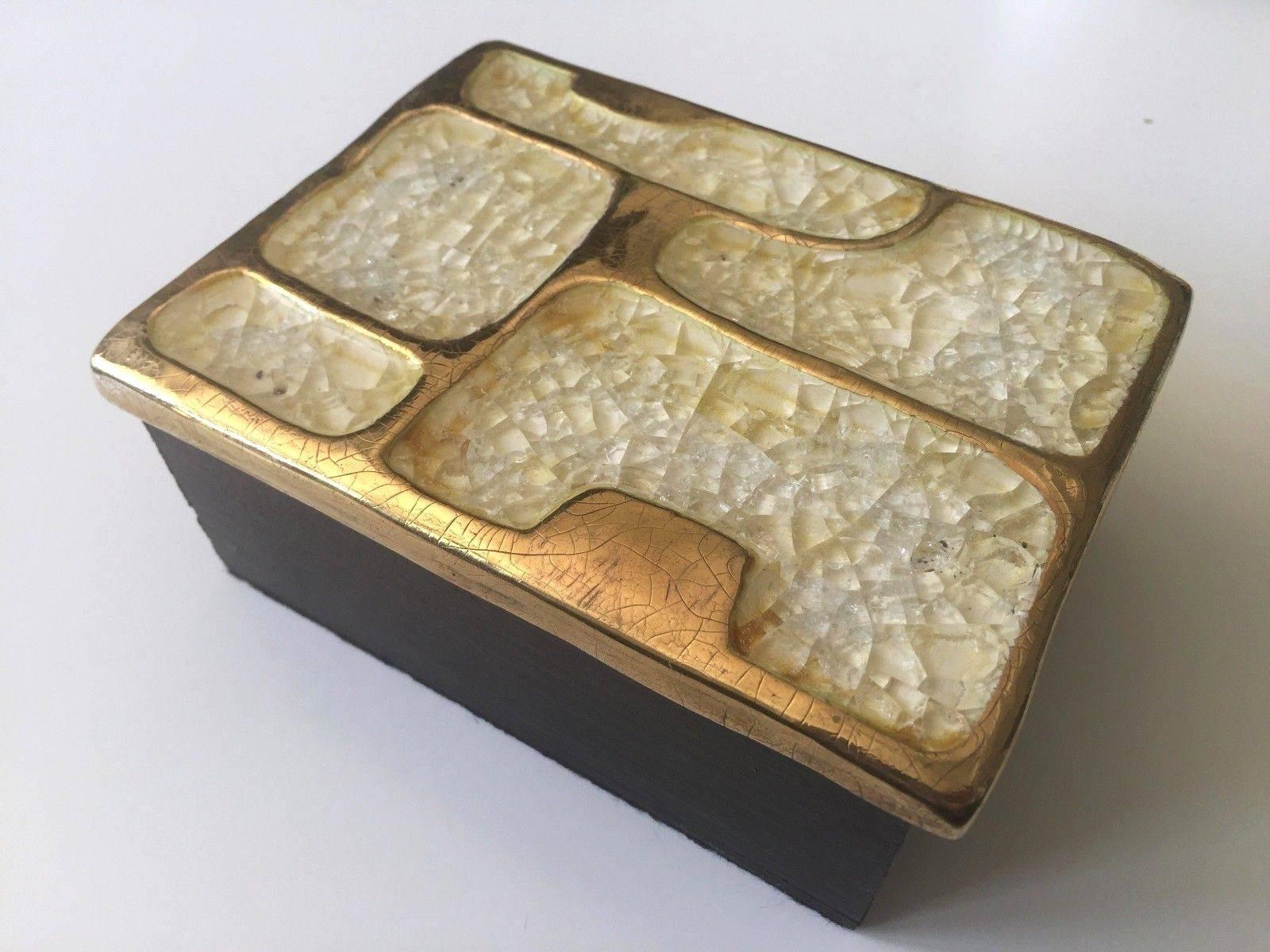 Mithé Espelt Ceramic Gold Enamel Mirror and Box, France, 1960s In Good Condition For Sale In New York, NY