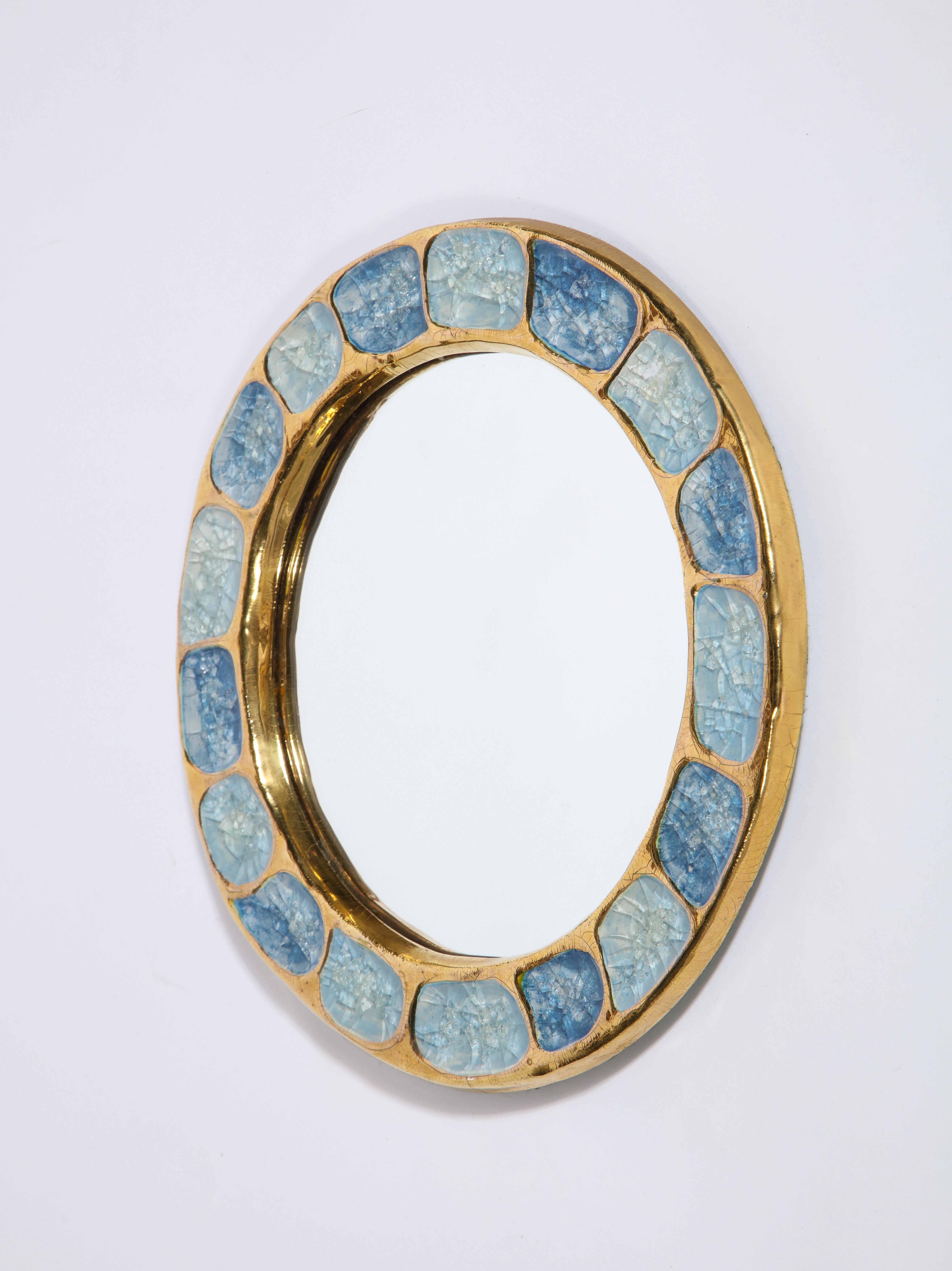 Mithé Espelt glazed ceramic mirror gold blue jewel enamel midcentury, 1960, France
Beautiful ceramic jewel mirror by Mithé Espelt
Made in France, 1960s.
   