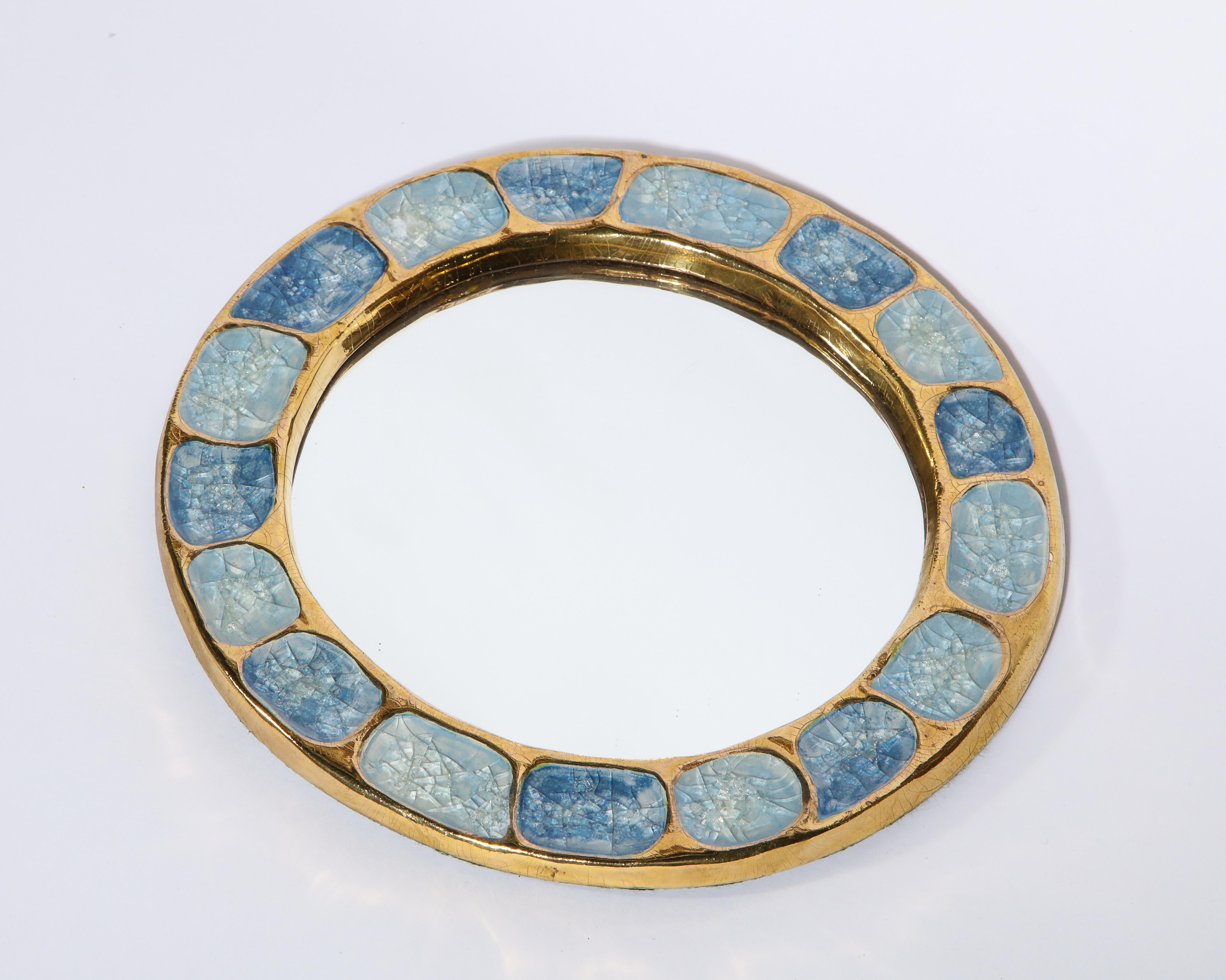 Mid-Century Modern Mithé Espelt Ceramic Mirror Gold Blue Jewel Enamel Midcentury, 1960, France