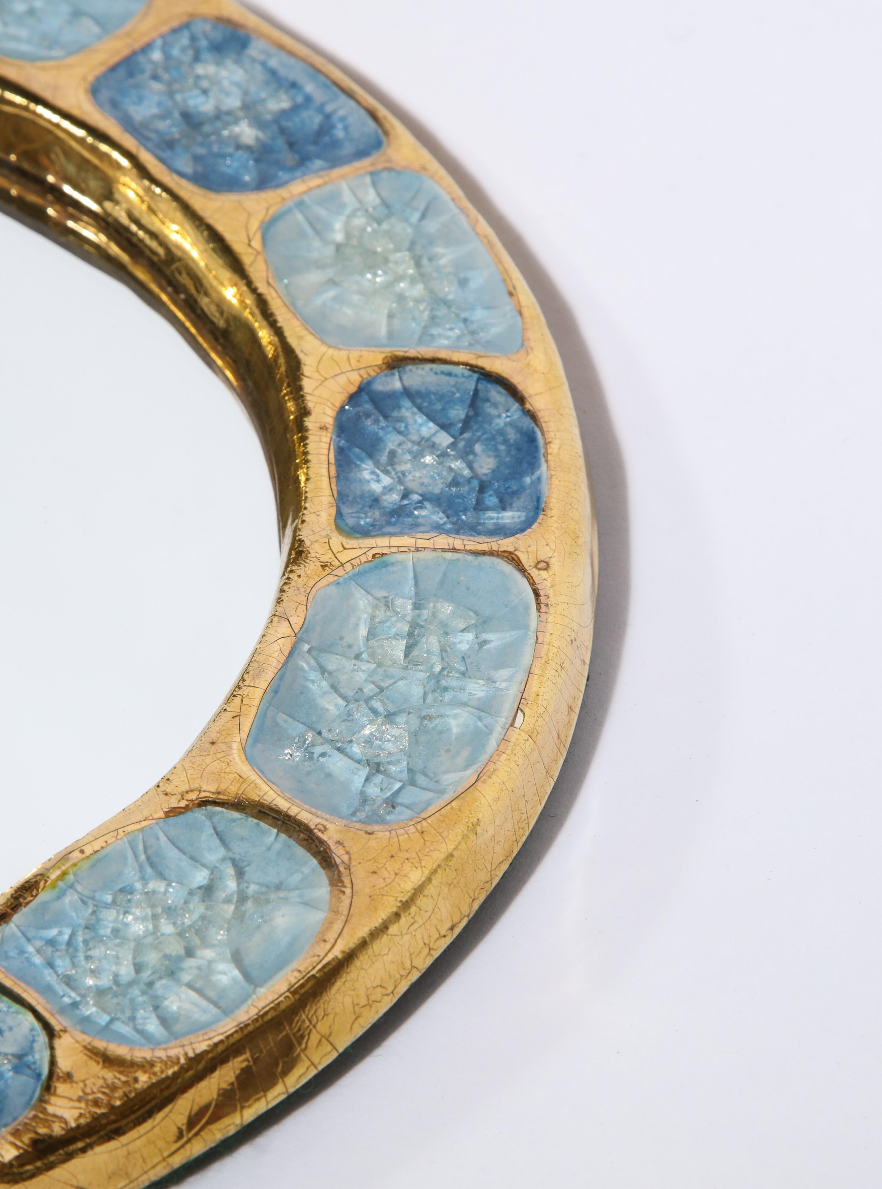 French Mithé Espelt Ceramic Mirror Gold Blue Jewel Enamel Midcentury, 1960, France