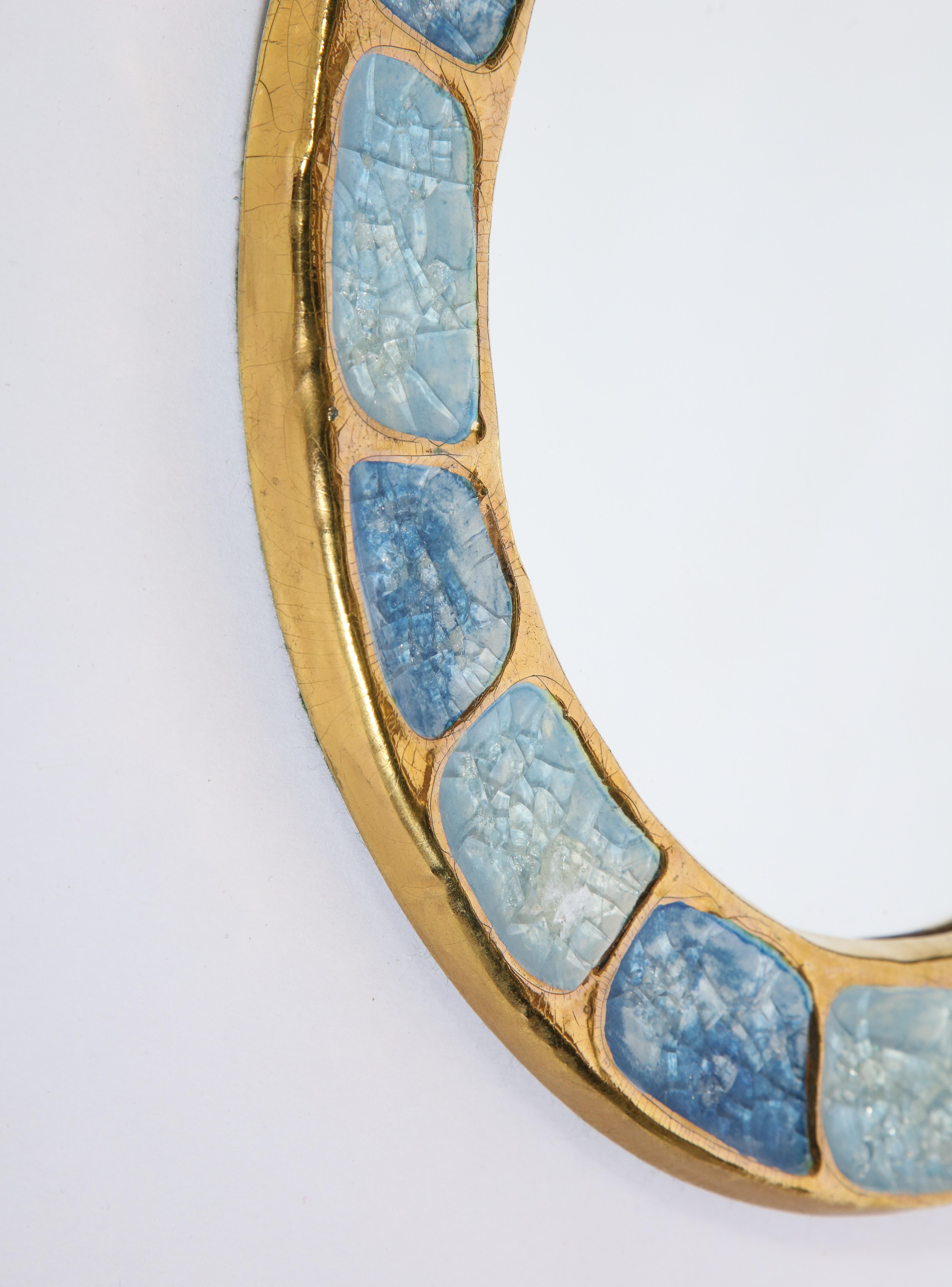 Mithé Espelt Ceramic Mirror Gold Blue Jewel Enamel Midcentury, 1960, France In Good Condition In New York, NY