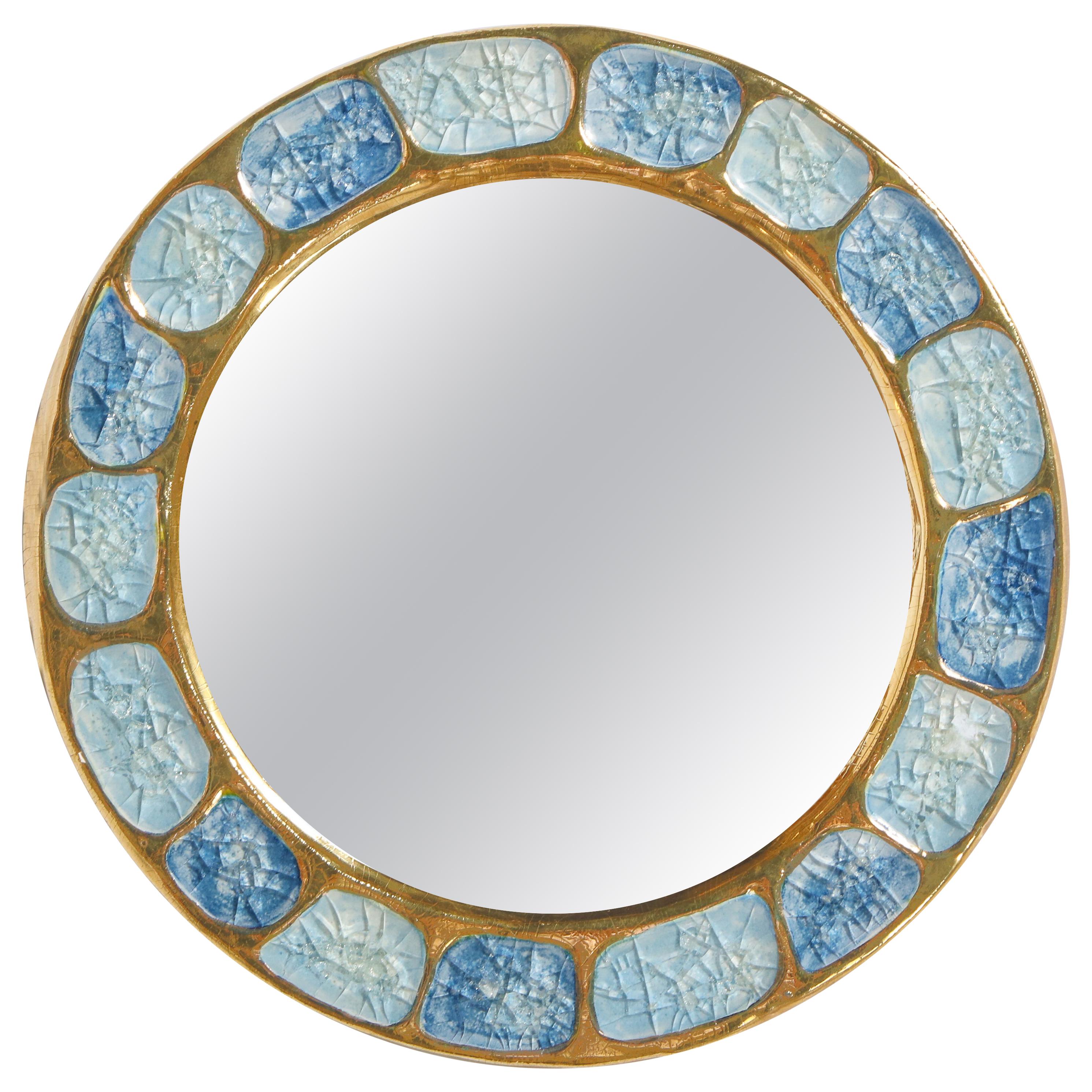 Mithé Espelt Ceramic Mirror Gold Blue Jewel Enamel Midcentury, 1960, France