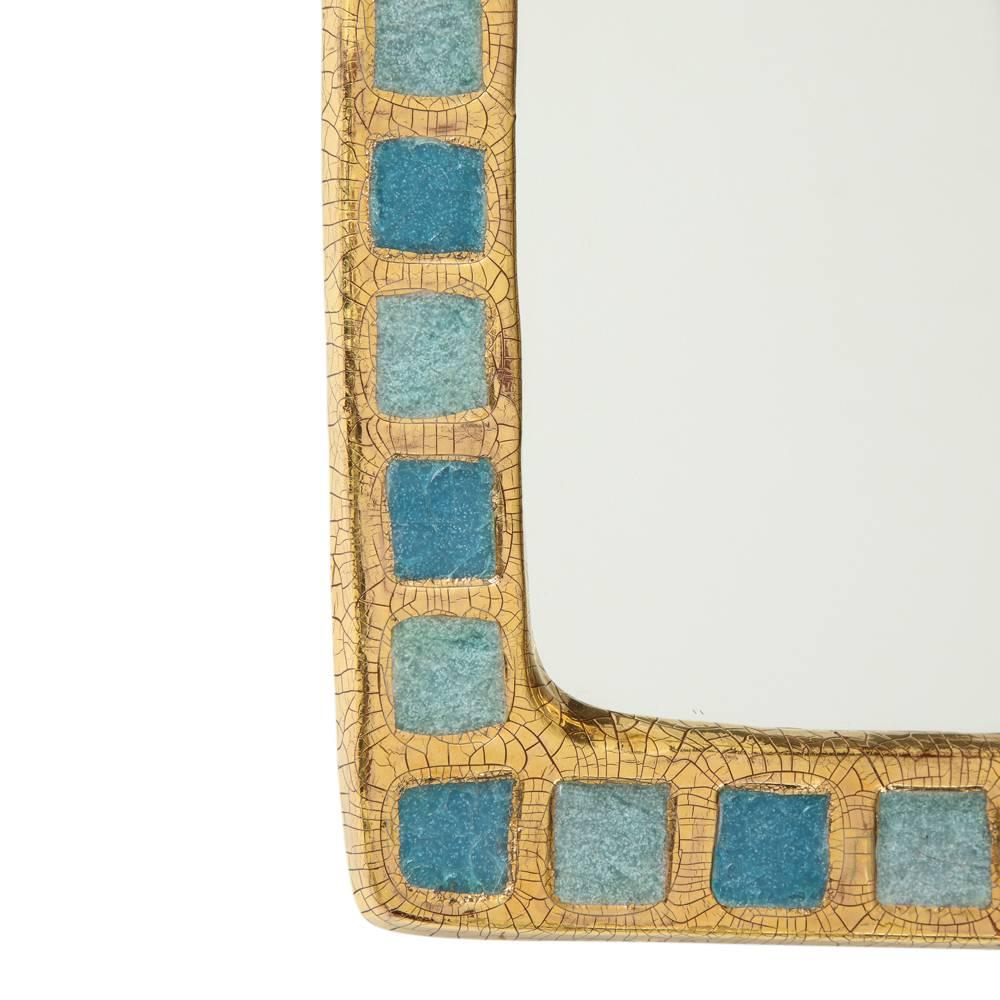 Mid-Century Modern Mithé Espelt Mirror, Ceramic, Gold and Blue Fused Glass