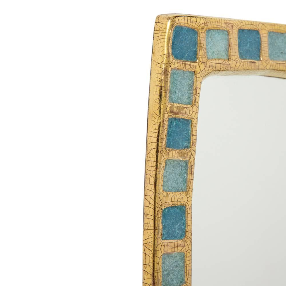 French Mithé Espelt Mirror, Ceramic, Gold and Blue Fused Glass