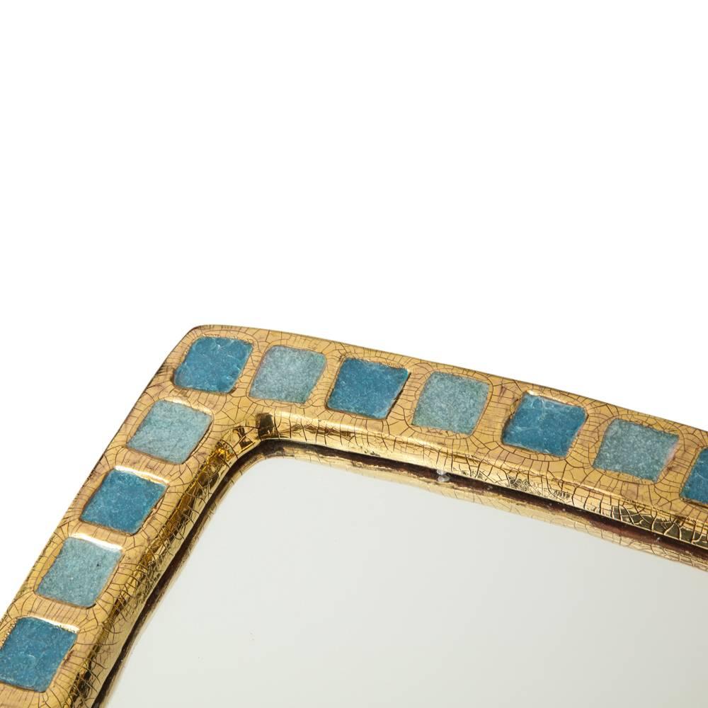 Glazed Mithé Espelt Mirror, Ceramic, Gold and Blue Fused Glass