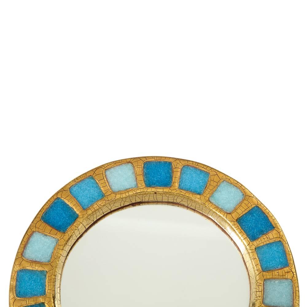 Mid-Century Modern Mithé Espelt Mirror, Ceramic, Gold and Blue Fused Glass