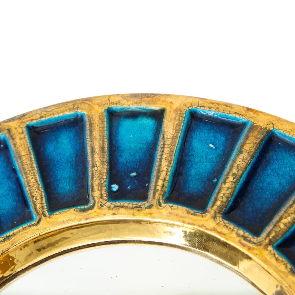 French Francois Lembo Ceramic Mirror Gold Blue Signed, France, 1970s