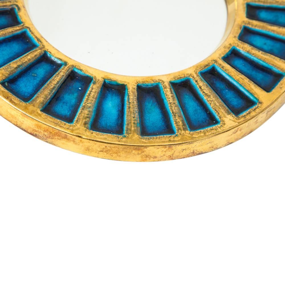 Francois Lembo Ceramic Mirror Gold Blue Signed, France, 1970s In Good Condition In New York, NY