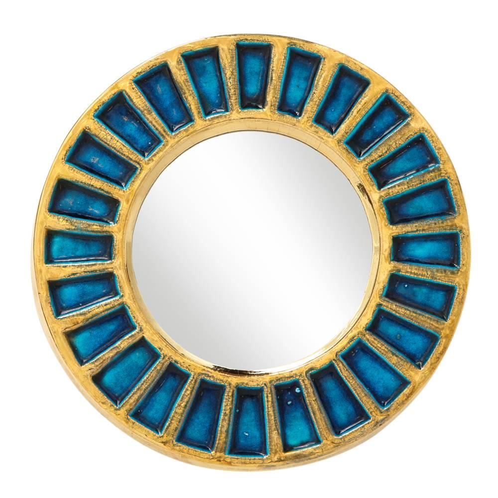 Francois Lembo Ceramic Mirror Gold Blue Signed, France, 1970s