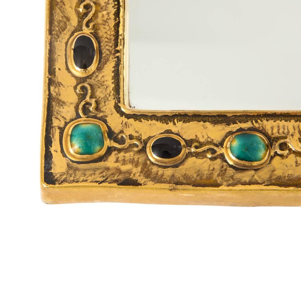 Mid-Century Modern Francois Lembo Mirror, Ceramic, Jeweled, Jade, Gold, Black, Signed For Sale