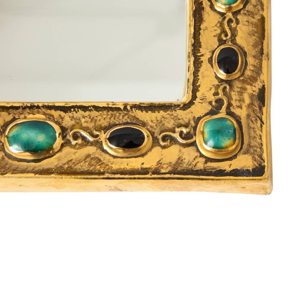 French Francois Lembo Mirror, Ceramic, Jeweled, Jade, Gold, Black, Signed For Sale