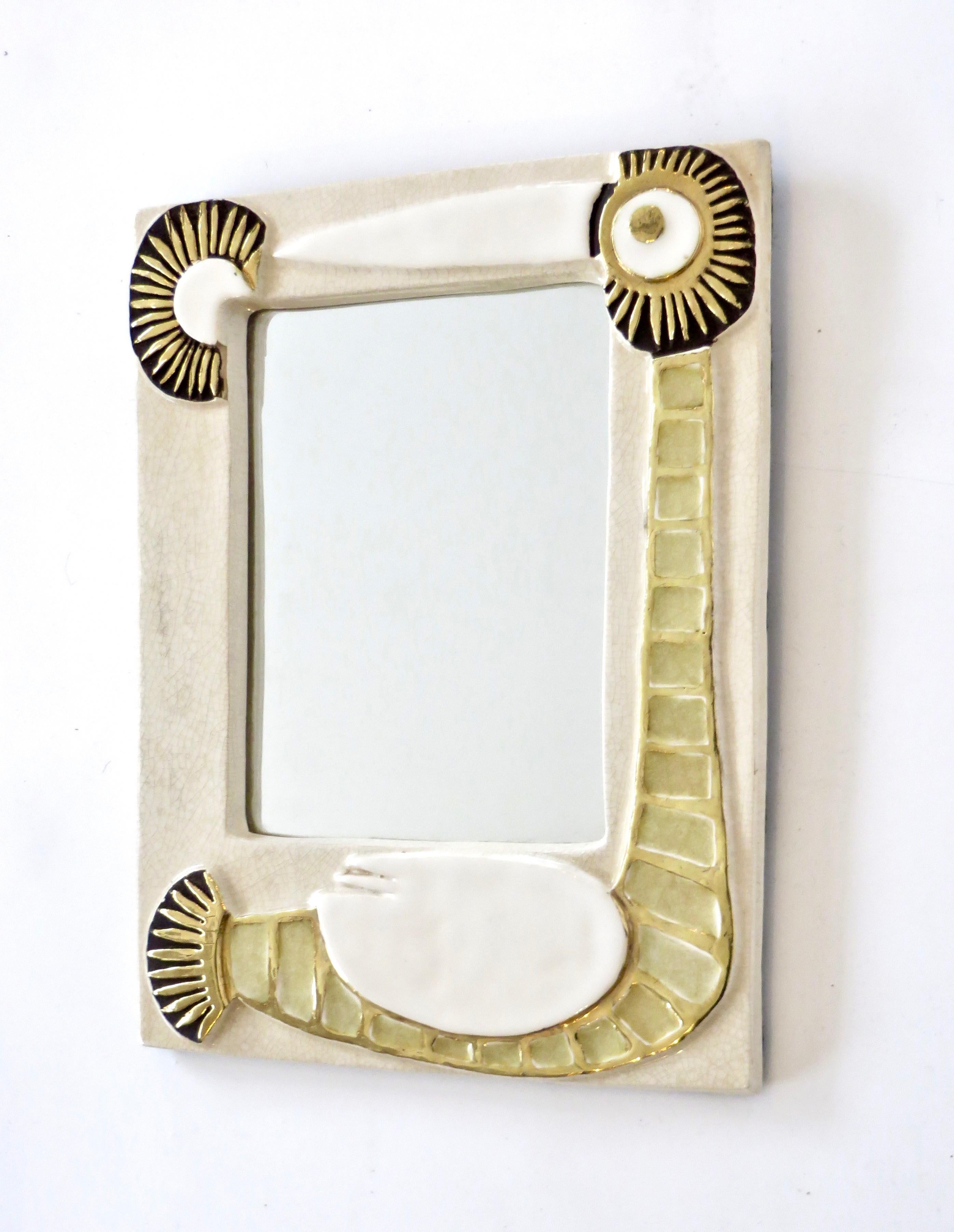 Mid-Century Modern Mithé Espelt French Ceramic Mirror Bird Motif Cream and Gold Glaze