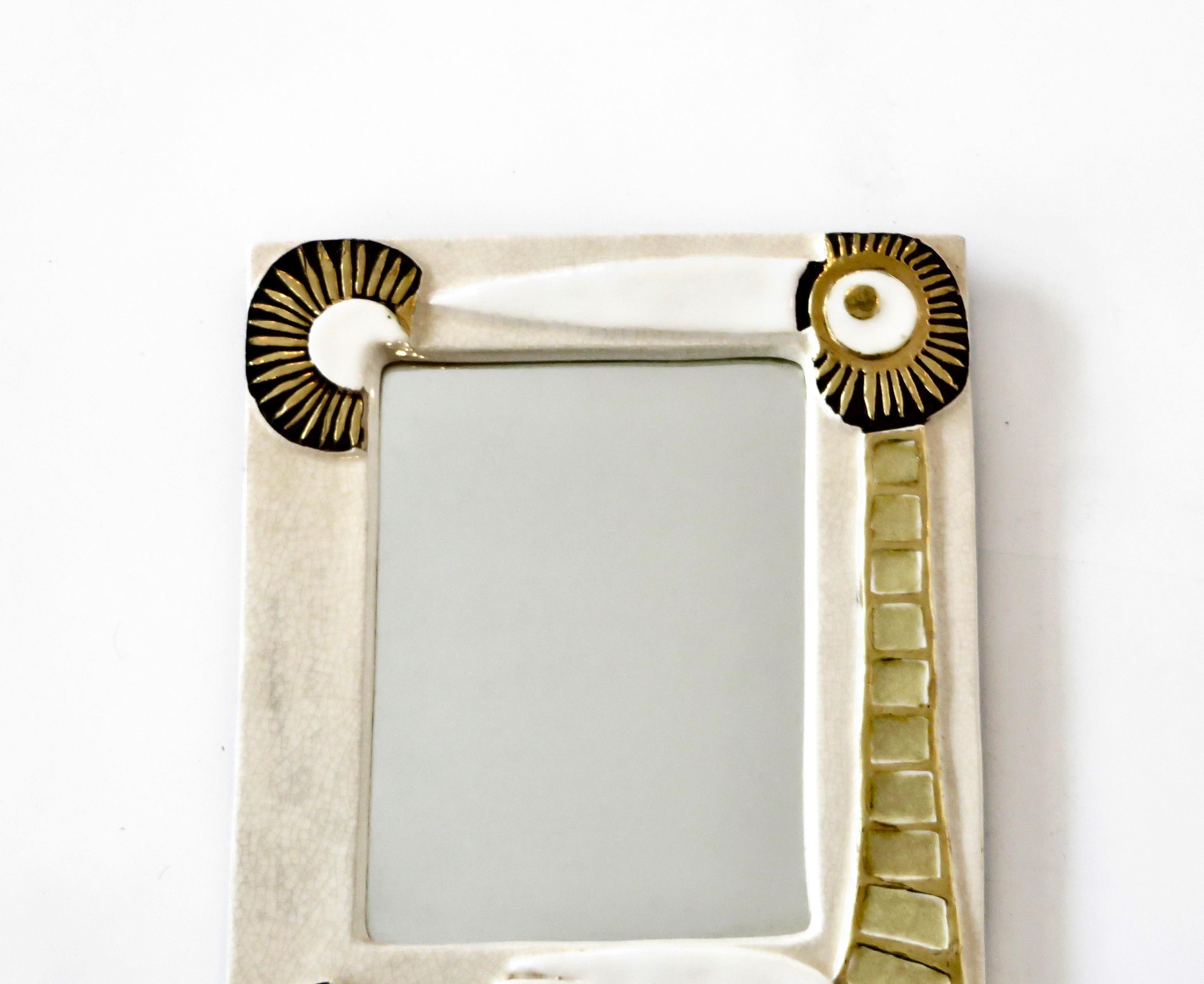 Mithé Espelt French Ceramic Mirror Bird Motif Cream and Gold Glaze In Good Condition In Chicago, IL