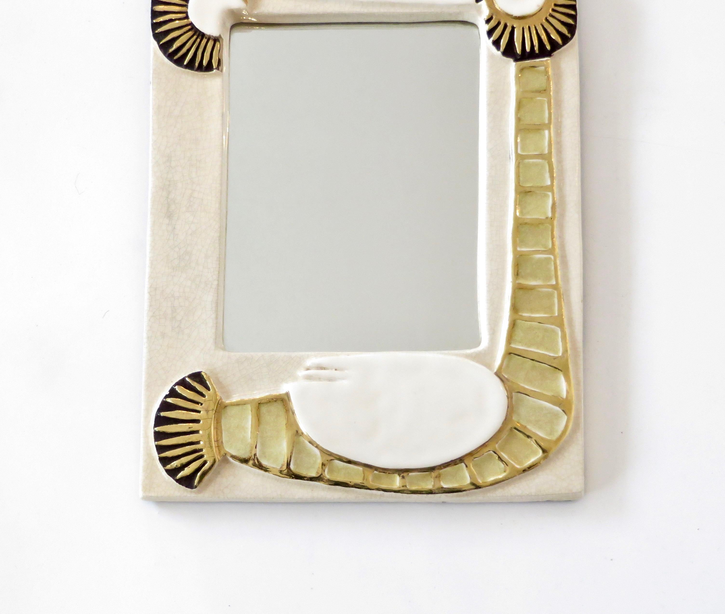 Mid-20th Century Mithé Espelt French Ceramic Mirror Bird Motif Cream and Gold Glaze