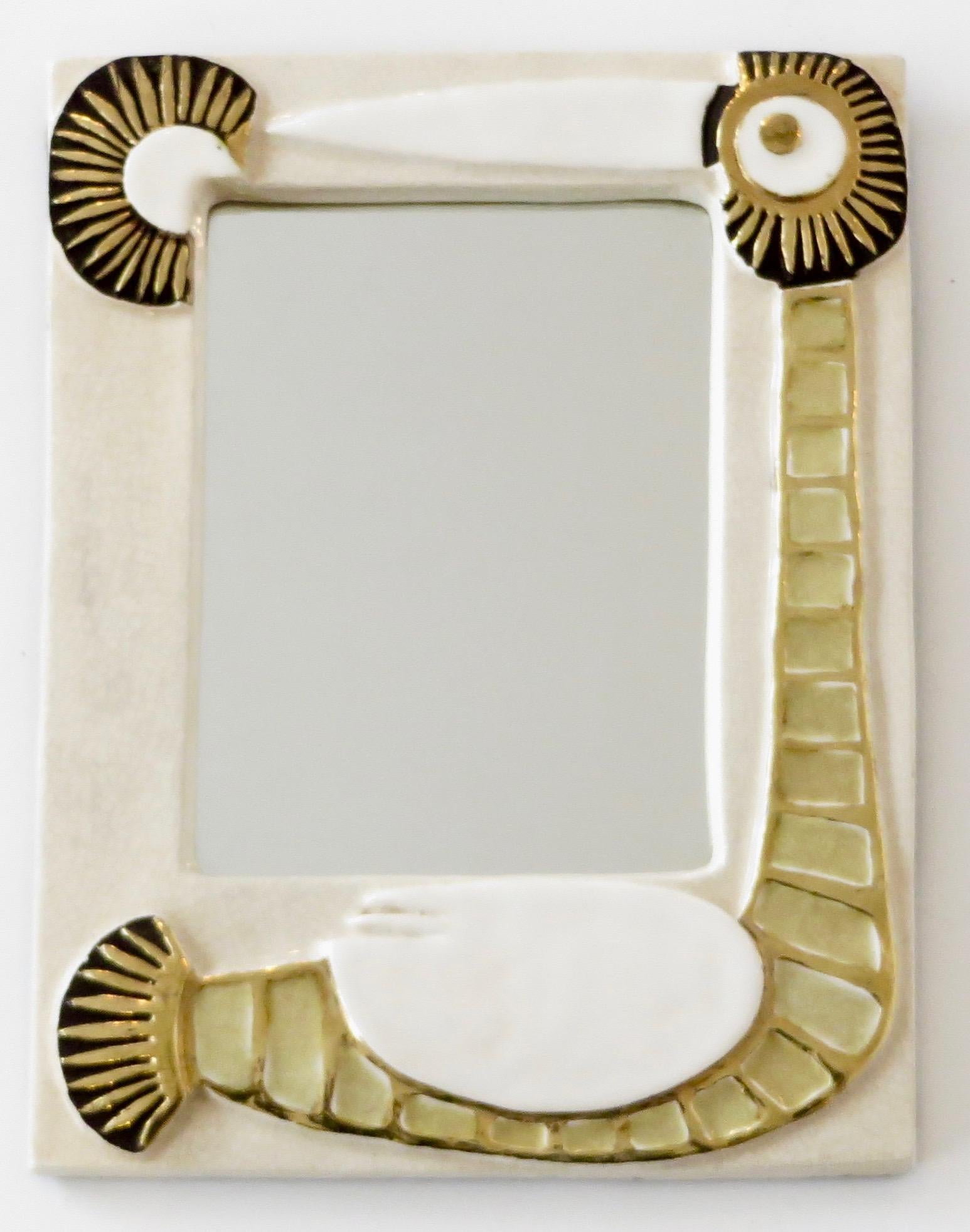 Mithé Espelt French Ceramic Mirror Bird Motif Cream and Gold Glaze 1
