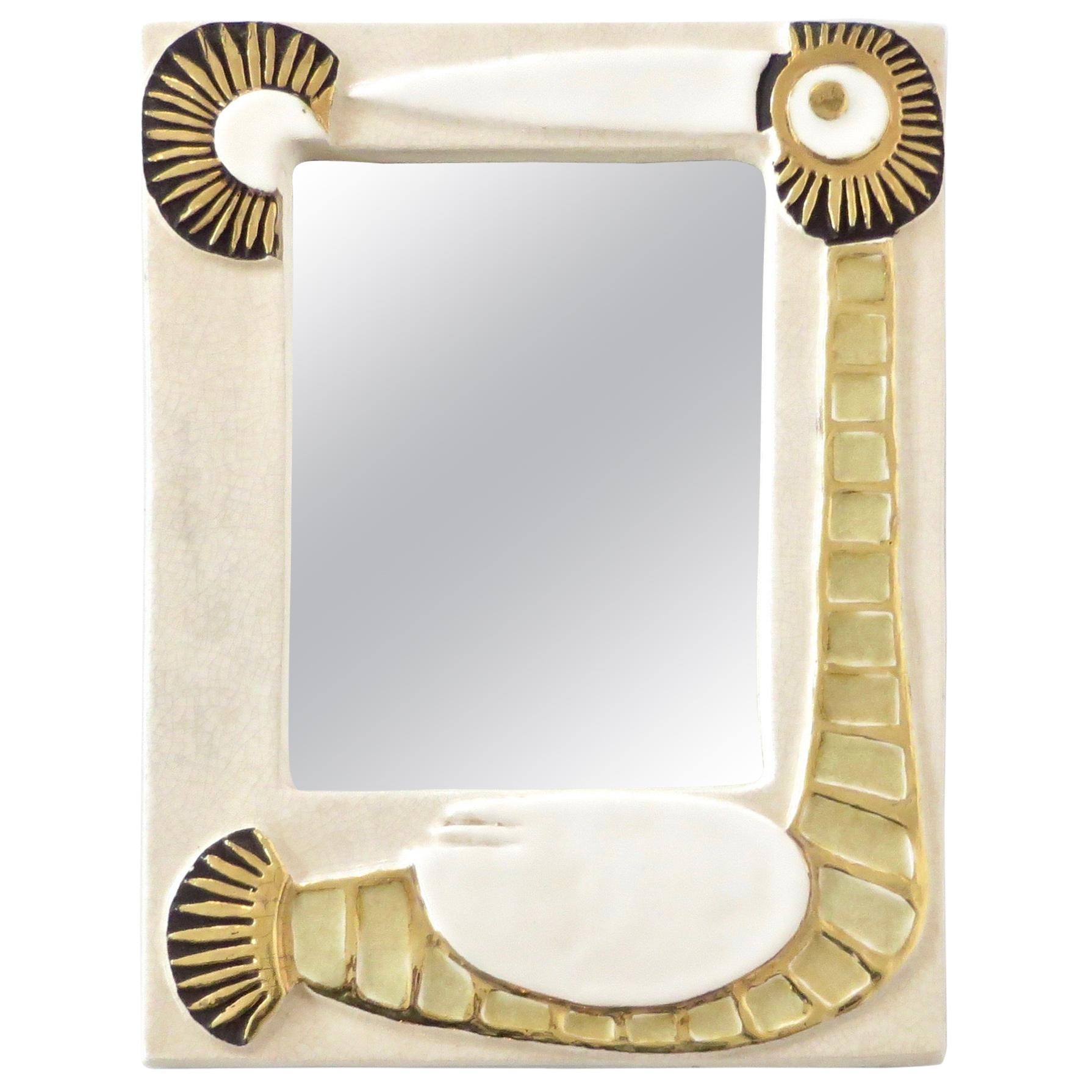 Mithé Espelt French Ceramic Mirror Bird Motif Cream and Gold Glaze