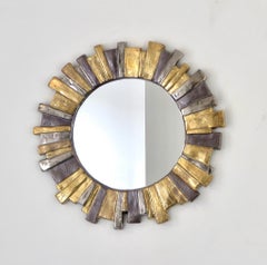 Francois Lembo French Glazed Gold Silver Gray Ceramic Sunburst Mirror