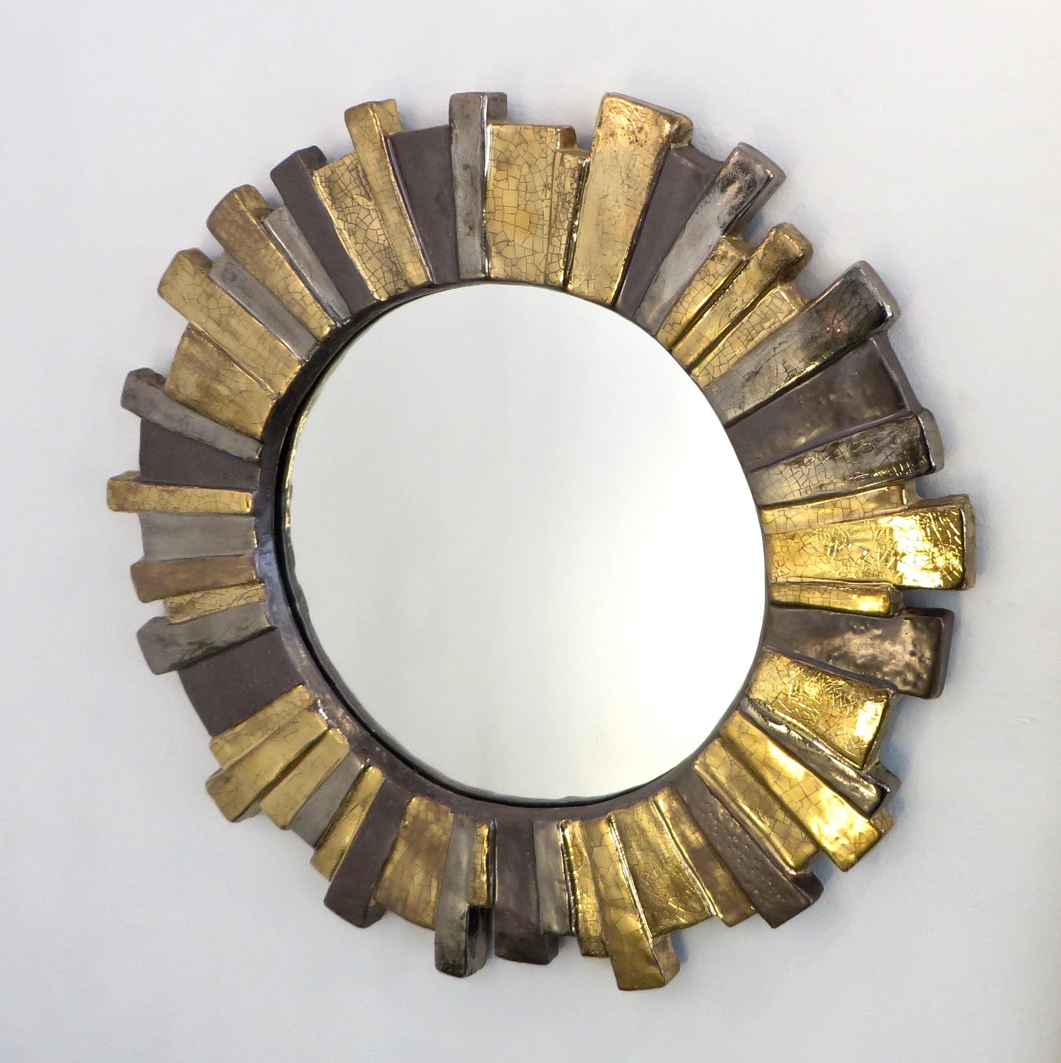 Mid-Century Modern Francois Lembo French Glazed Gold Silver Gray Ceramic Sunburst Mirror