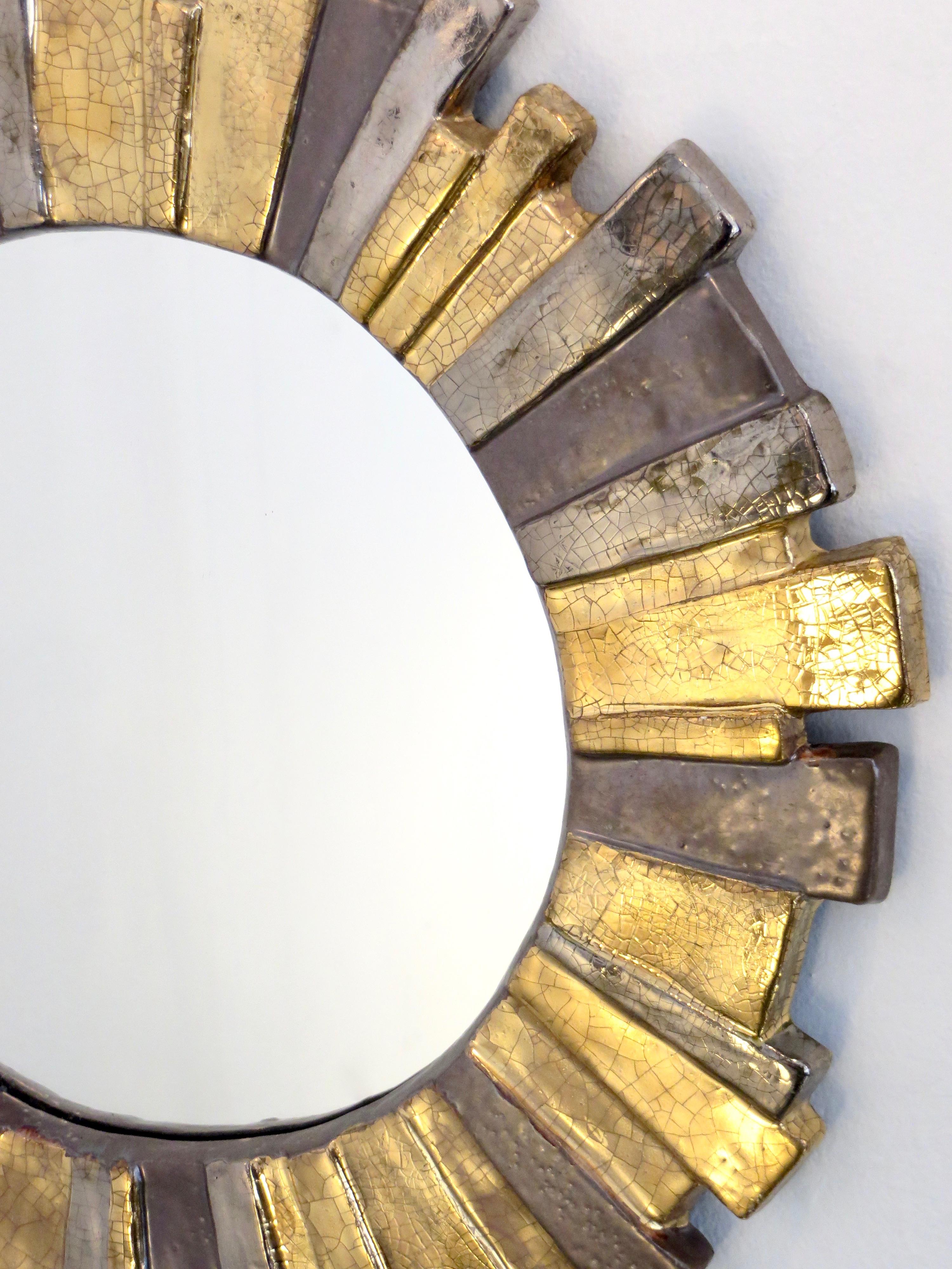 Late 20th Century Francois Lembo French Glazed Gold Silver Gray Ceramic Sunburst Mirror