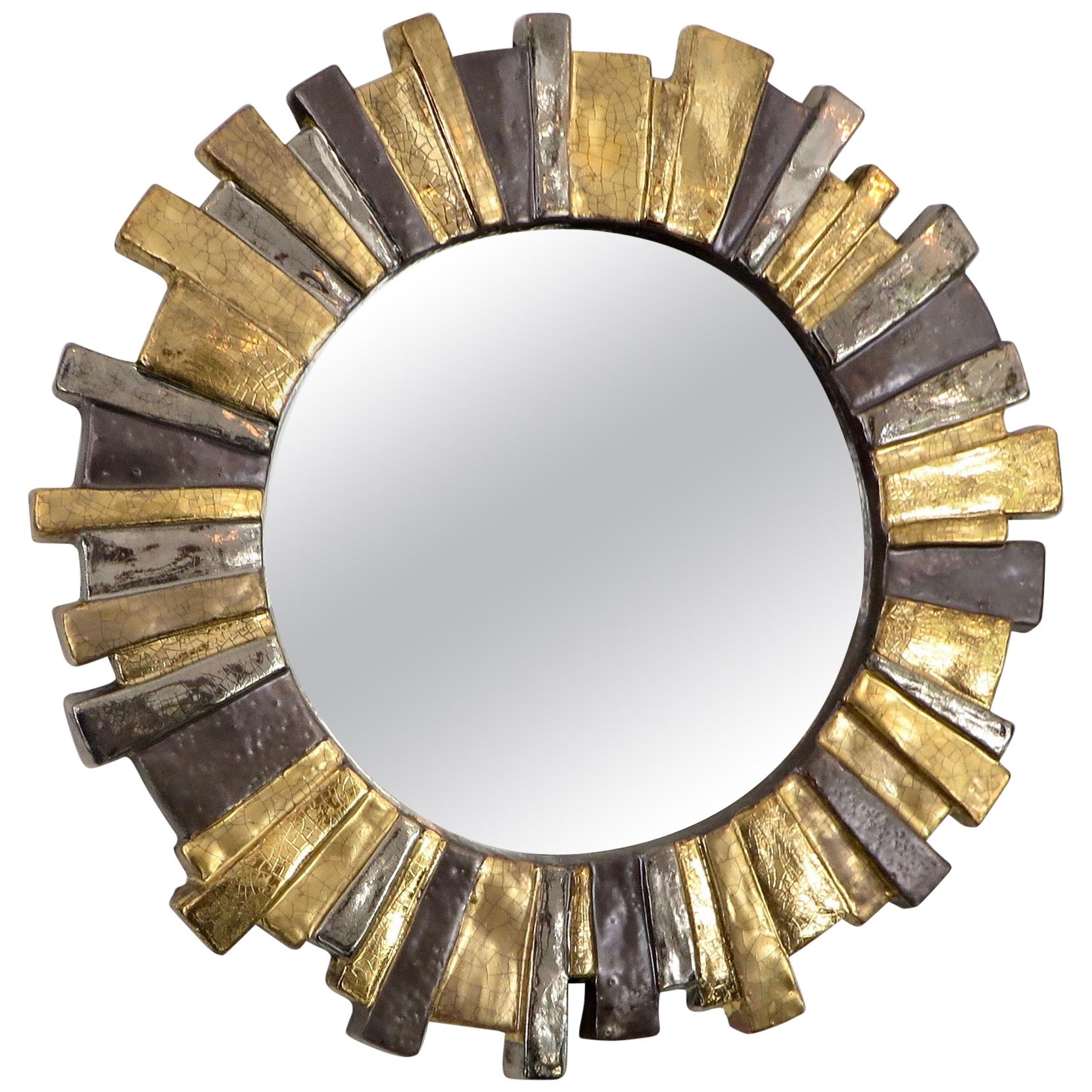 Francois Lembo French Glazed Gold Silver Gray Ceramic Sunburst Mirror