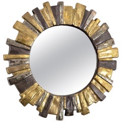 Vintage Francois Lembo French Glazed Gold Silver Gray Ceramic Sunburst Mirror