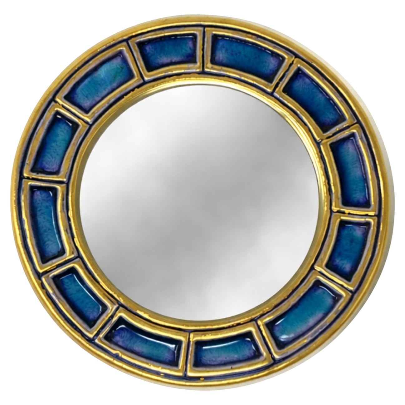François Lembo Mirror, Ceramic, Blue, Gold, Geometric, Round, Signed For Sale