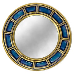 François Lembo Mirror, Ceramic, Blue, Gold, Geometric, Round, Signed