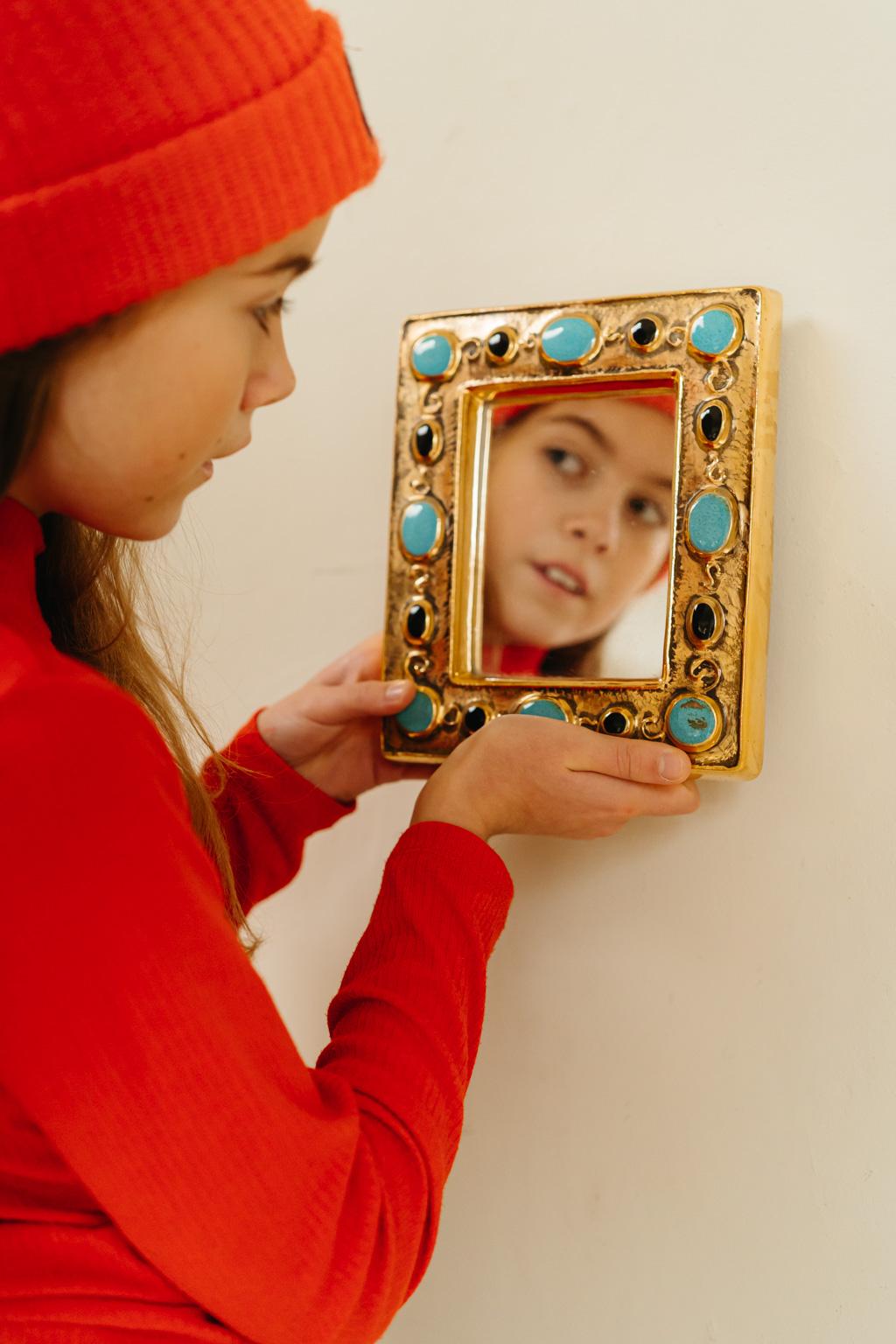 François Lembo mirror, ceramic, gold and black, turquoise, jeweled,  signed.  For Sale 1
