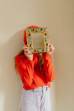 Miroir François Lembo, céramique, or et noir, turquoise, bijou, signé.