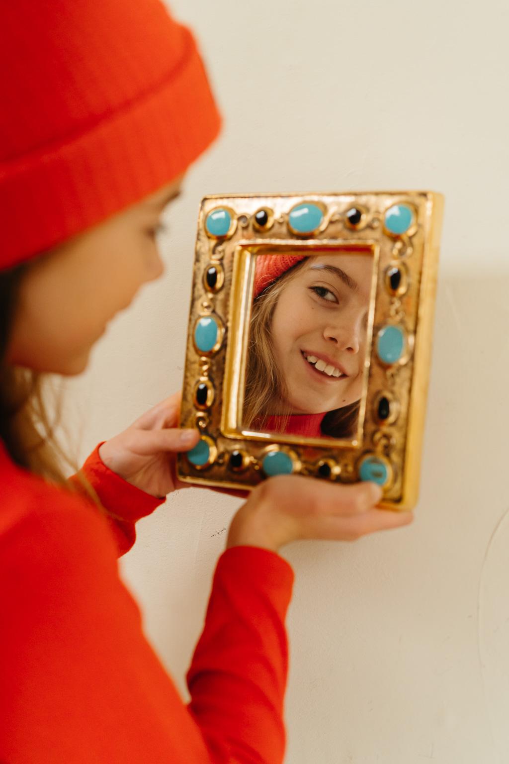 Glazed François Lembo mirror, ceramic, gold and black, turquoise, jeweled,  signed.  For Sale