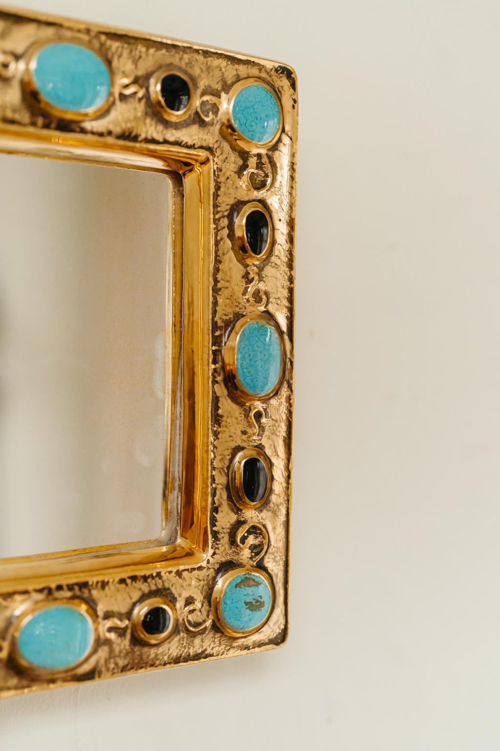 20th Century François Lembo mirror, ceramic, gold and black, turquoise, jeweled,  signed.  For Sale