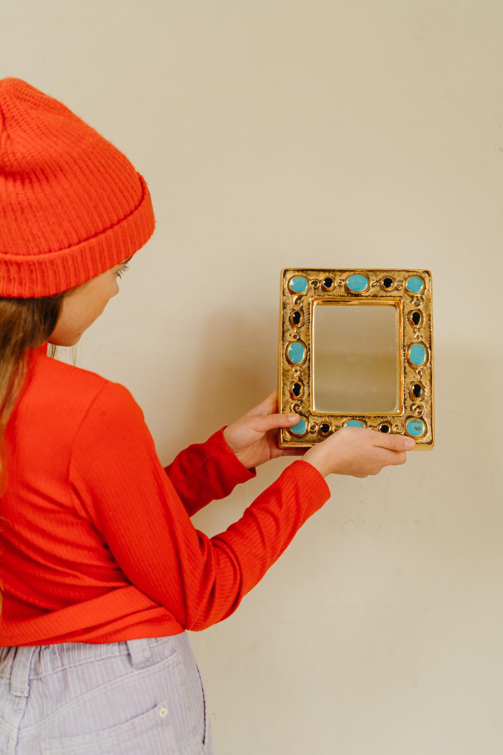 Ceramic François Lembo mirror, ceramic, gold and black, turquoise, jeweled,  signed.  For Sale