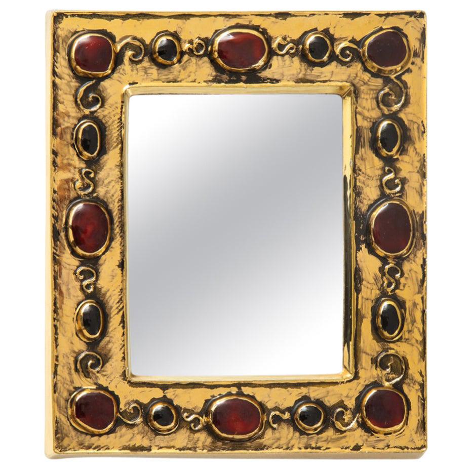 Francois Lembo Mirror, Ceramic, Gold, Red, Black, Jeweled, Signed For Sale