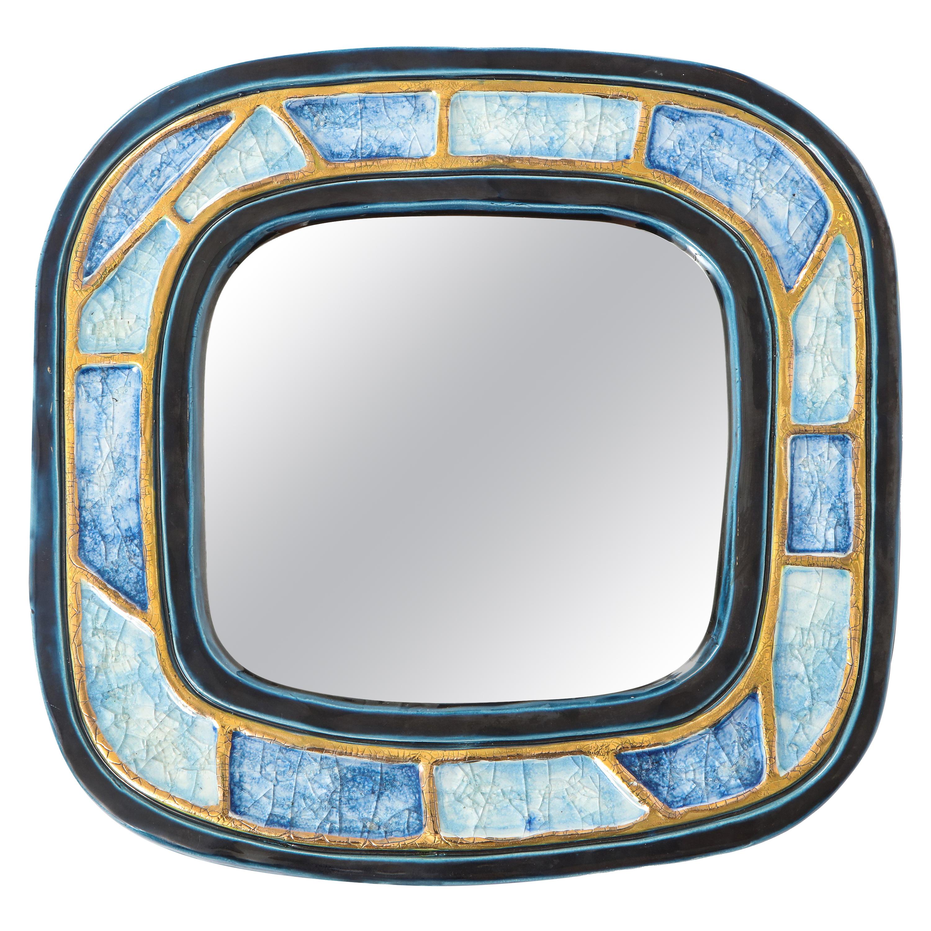 Mithé Espelt Mirror, Ceramic, Gold and Blue, Fused Glass