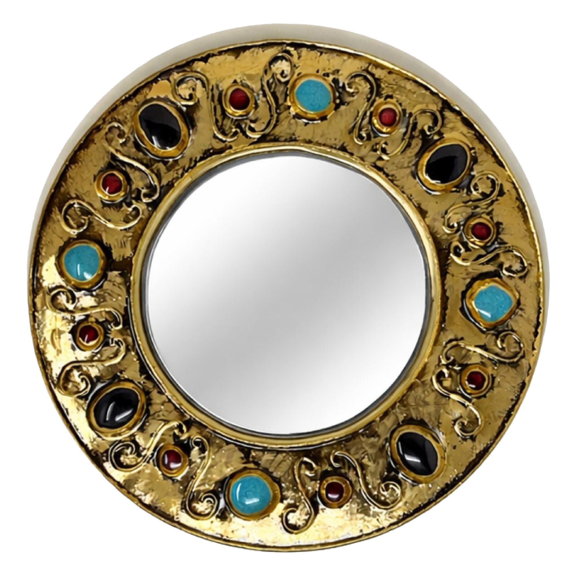 François Lembo Mirror, Ceramic, Gold, Jeweled, Turquoise, Black, Round, Signed