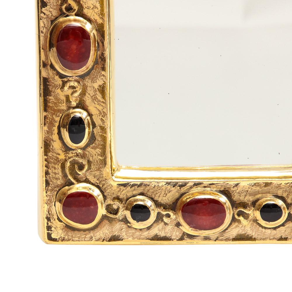 François Lembo Mirror, Ceramic, Gold, Red, Black, Jeweled, Signed For Sale 1