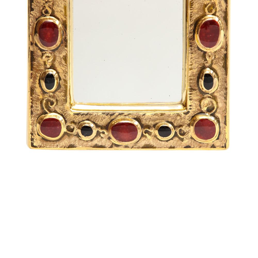 François Lembo Mirror, Ceramic, Gold, Red, Black, Jeweled, Signed For Sale 2